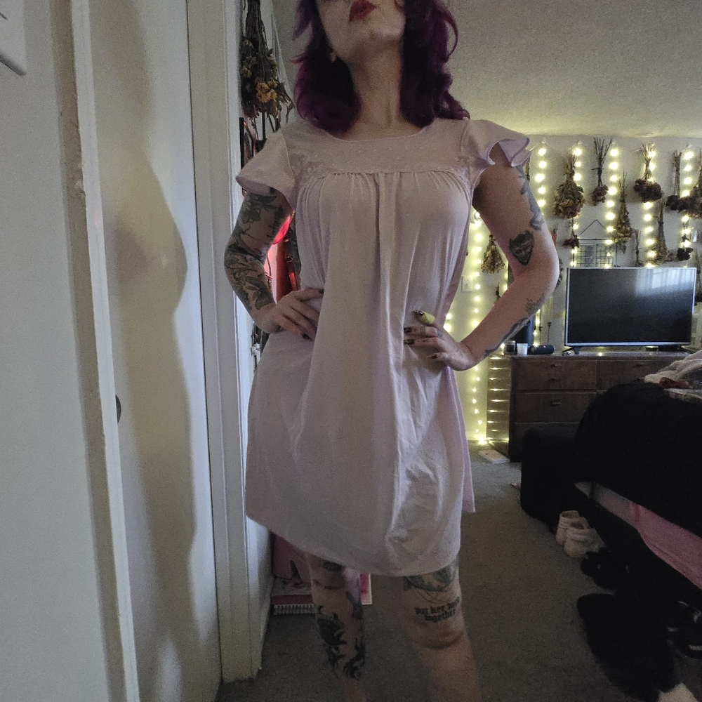 Vintage 1970s Lavender Flutter Sleeve Slip Nightgown Dress